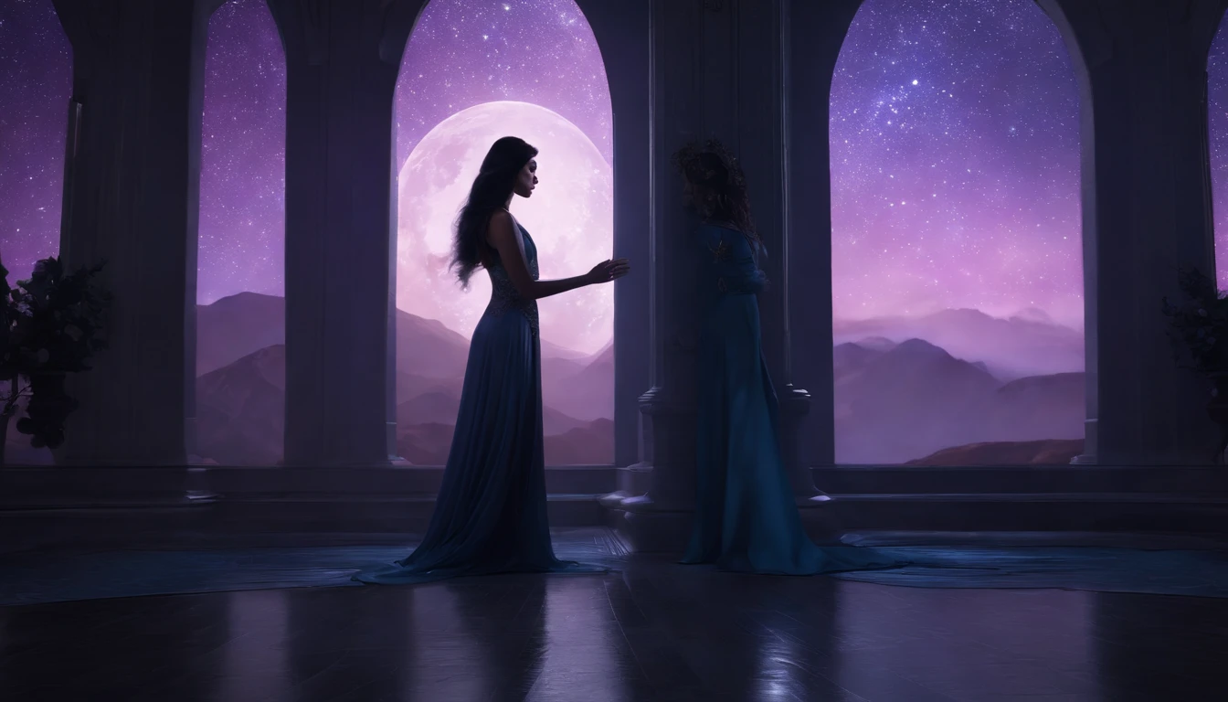 (masterpiece, top quality, best quality, official art, beautiful and aesthetic:1.2), girl, detailed face, long black hair, full body, violet blouse and pants, celestial, cosmic, extremely beautiful, high detailed, (galactic in background), luminous effects, highest detailed, floating particles, ancient runes, geometric patterns, V0id3nergy , mana, shadows, epic atmosphere