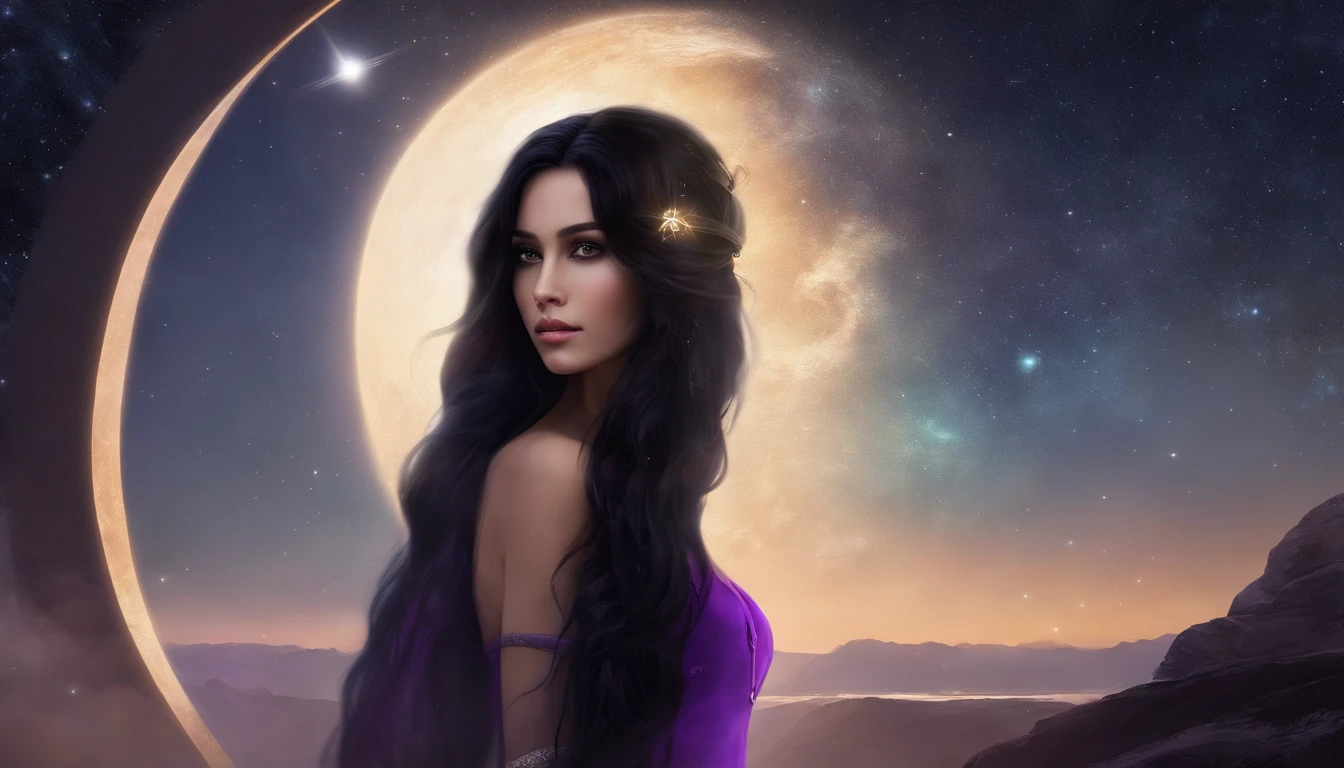 (masterpiece, top quality, best quality, official art, beautiful and aesthetic:1.2), girl, detailed face, long black hair, full body, violet blouse and pants, celestial, cosmic, extremely beautiful, high detailed, (galactic in background), luminous effects, highest detailed, floating particles, ancient runes, geometric patterns, V0id3nergy , mana, shadows, epic atmosphere