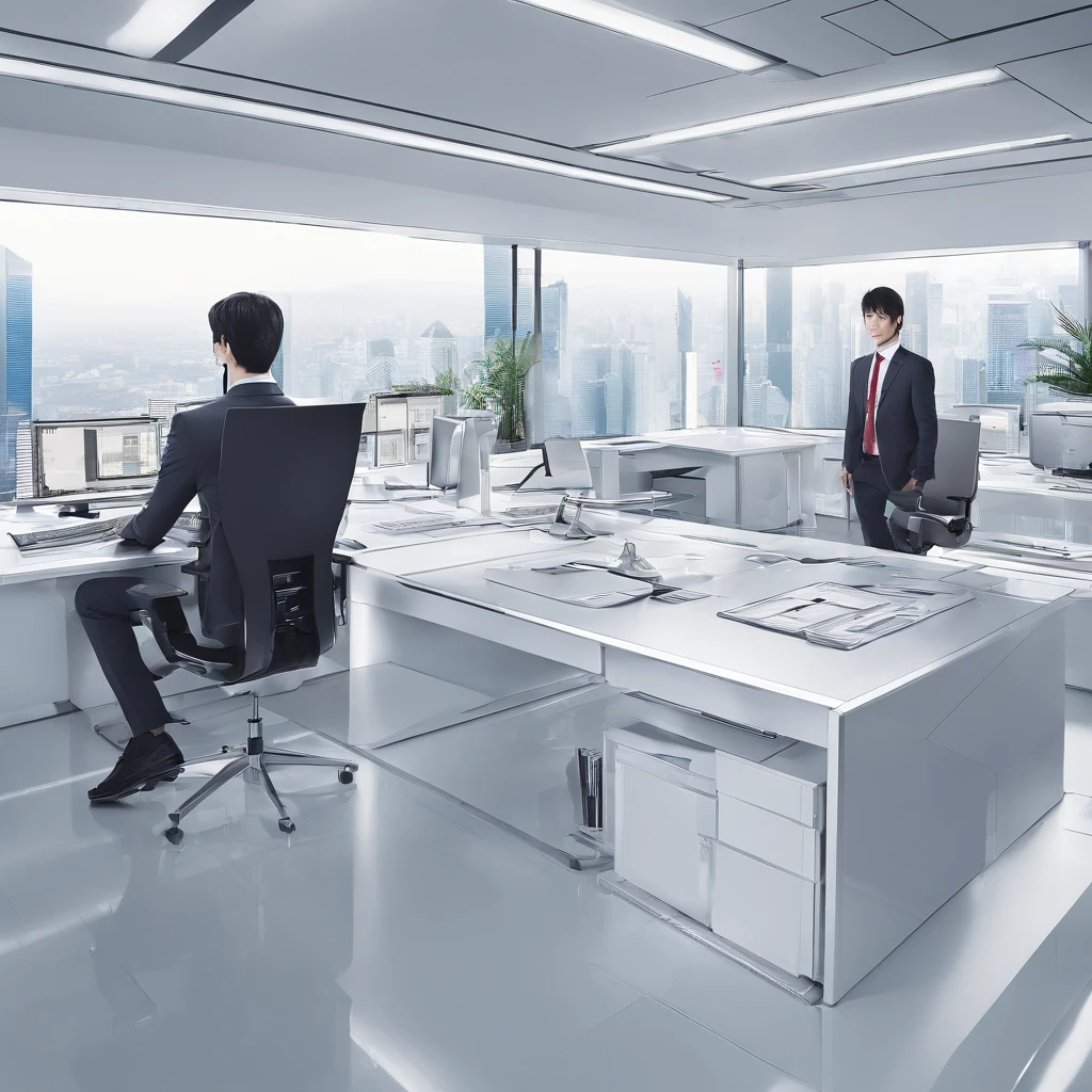 Japan Office white walls Two displays Programming at a desk 1人 White shirt neck tie Black slacks japanes male people Right diagonally from behind