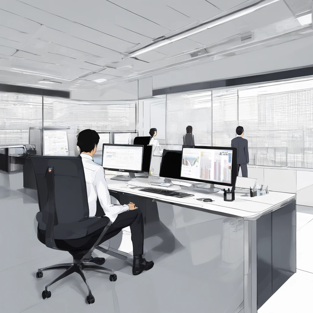 Japan Office　white walls　Two displays　Programming at a desk　1人　White shirt　neck tie　Black slacks　japanes　male people　Right diagonally from behind