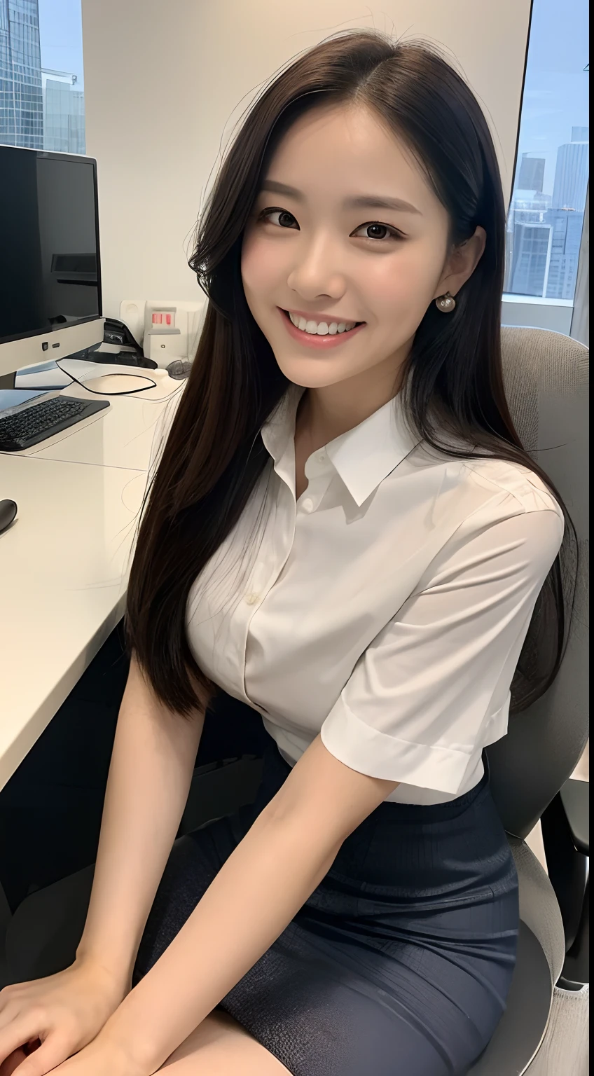 Best Quality, in 8K, Focus 1.2, Perfect Body Beauty: 1.4, age19、Highly detailed facial and skin texture, roundly eyes, Double eyelids, Whitened skin, long hair split edges, ((Round face: 1.3)), gaze at the audience, Leaking teeth and smiling, Secretary, assistant, Black tight skirt, Skyscraper office,pose sensual, windows, computers, Monitors, lap top, documents, bookshelf, Office Materials、The face is front、Udder visible