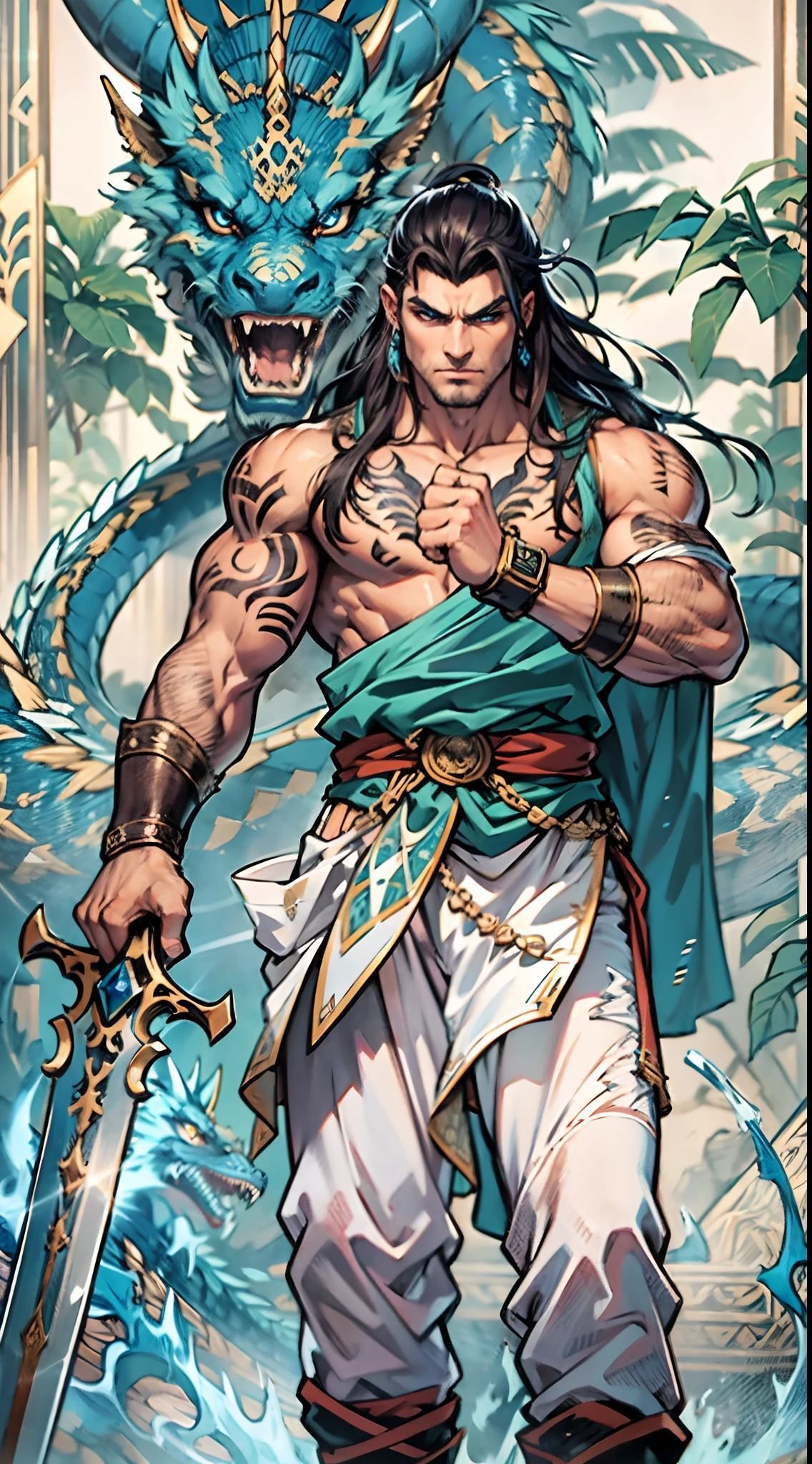 A middle-aged man with long straight hair, a tall and muscular body, wearing a wooden semi-circular forehead protector, he has thick sword-like eyebrows, bright and expressive blue eyes, well-defined facial features, a bare upper body adorned with a tattoo of a blue dragon, a tattoo of a blue dragon that wraps around his entire body, he wears plain pants, stands before a mysterious ancient Mayan altar, he raises his right fist high, displaying a dignified expression, exuding a powerful aura, emanating a radiant fighting spirit, this character embodies a finely crafted a fantasy-style wilderness design in anime style, characterized by a sophisticated and mature manga illustration art style, high definition, best quality, highres, ultra-detailed, ultra-fine painting, extremely delicate, professional, anatomically correct, symmetrical face, extremely detailed eyes and face, high quality eyes, creativity, RAW photo, UHD, 8k, Natural light, cinematic lighting, masterpiece:1.5