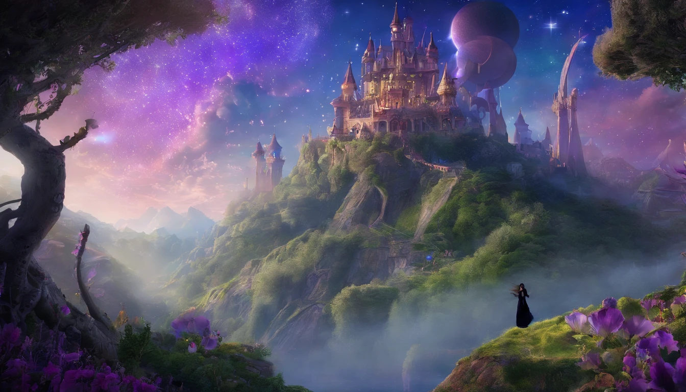 (masterpiece, top quality, best quality, official art, beautiful and aesthetic:1.2), girl, detailed face, long black hair, full body, violet blouse and pants, celestial, cosmic, extremely beautiful, high detailed, (galactic in background), luminous effects, highest detailed, floating particles, ancient runes, geometric patterns, V0id3nergy , mana, shadows, epic atmosphere
