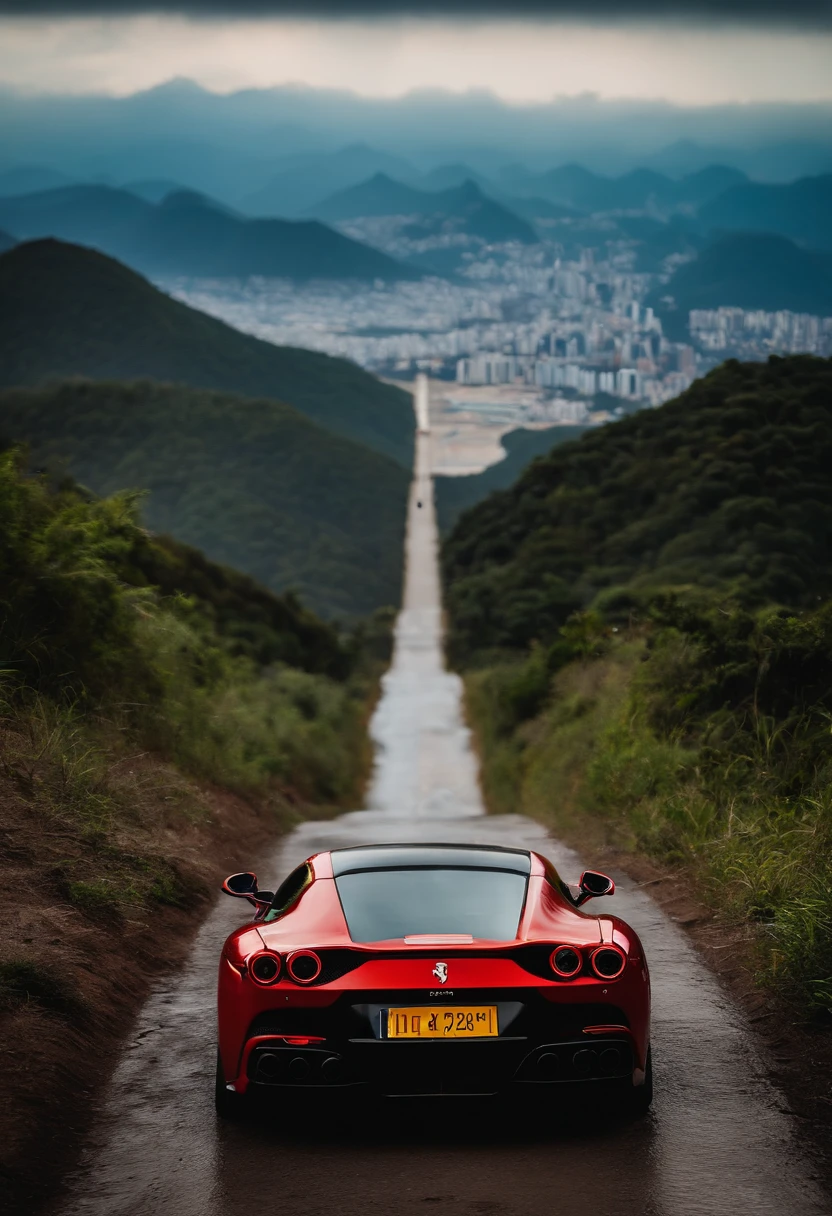 ferrari preta no deserto do saara com uma montanha de fundo, no fundo da imagem o cristo redentor do rio de janeiro. dia chuvoso, nuvens, raios.
