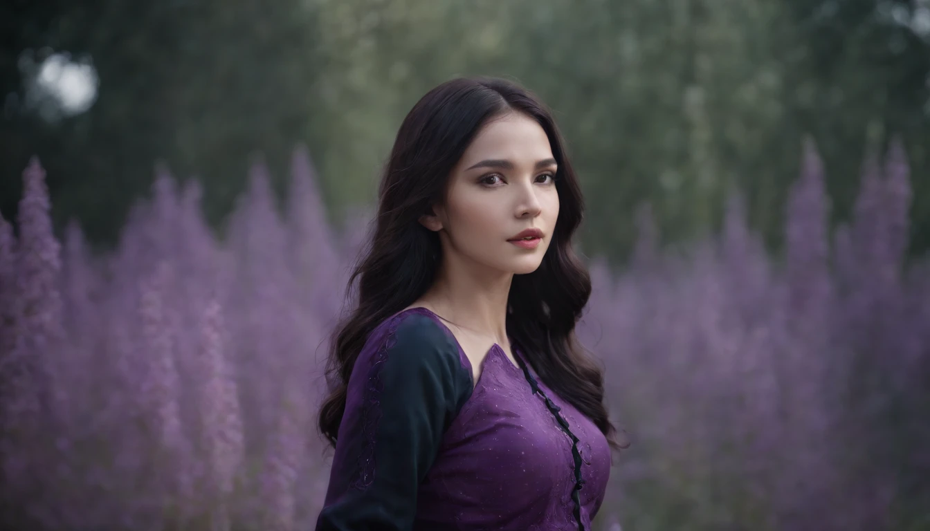 (masterpiece, top quality, best quality, official art, beautiful and aesthetic:1.2), girl, detailed face, long black hair, full body, violet blouse and pants, celestial, cosmic, extremely beautiful, high detailed, (galactic in background), luminous effects, highest detailed, floating particles, ancient runes, geometric patterns, V0id3nergy , mana, shadows, epic atmosphere