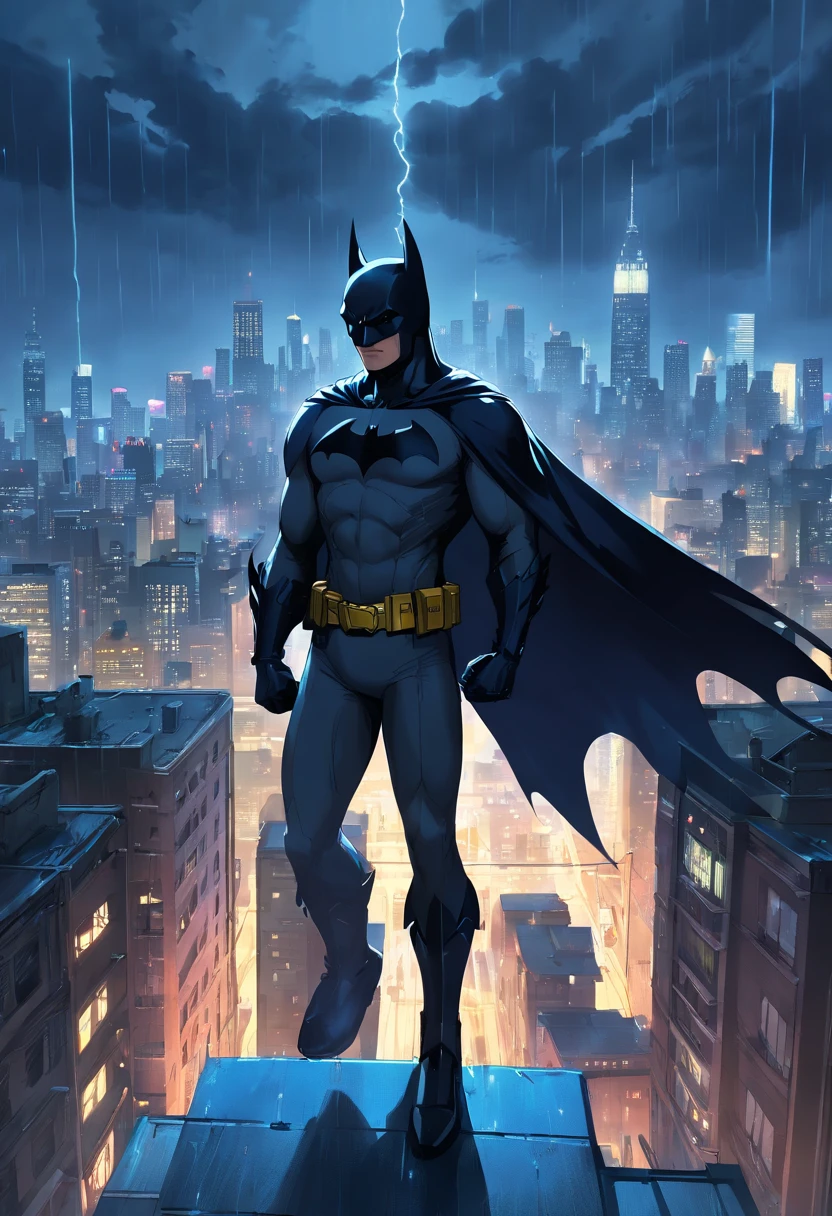 A rainy, dark sky background with Gotham City and Batman flying in the air, wearing his iconic costume and cape. The details of Batman should include a muscular physique, with a stern and determined expression on his face. His eyes should be intense and his jawline sharp. The rain should be depicted with droplets falling from the sky, creating a moody atmosphere. The cityscape of Gotham should be filled with tall buildings, dimly lit with neon signs and flickering streetlights. The colors should be muted and desaturated, giving a somber and mysterious feel. The lighting should be dramatic, with shadows cast by the buildings and illuminated by flashes of lightning in the sky. The overall image quality should be of the highest caliber, with ultra-detailed rendering and sharp focus on Batman and the cityscape. The art style should be a combination of concept art and realistic, giving a gritty and immersive feel. The color tones should lean towards cool blues and grays, enhancing the dark and gloomy atmosphere.