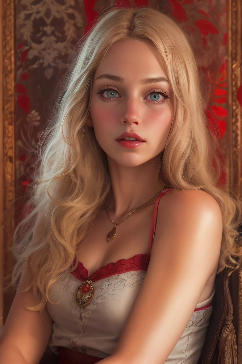 Realistic, Charismatic, Muitos detalhes, Tema Fantasia Medieval, with legs crossed and drinking wine, long blonde hair without braid , olhos bem azuis, corpo inteiro, olhos azuis, rosto da princesa, quarto fundo, imagem de corpo inteiro, red lips, Realismo, Cinematic lighting, super detalhe,