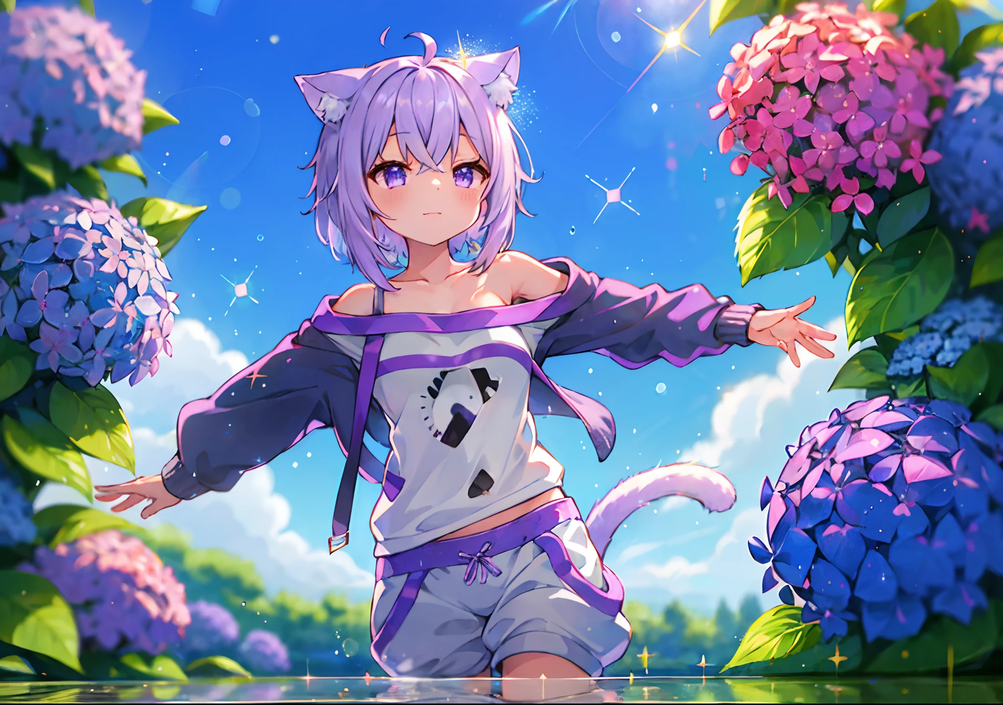 (solo), cute (1girl) walking,path,[from below:1.2],sine short hair, puddle,Water Reflection,rain,floating water drop,hydrangea,(blurry foreground),dynamic angle,asphalt,(blue sky),lens flare,, off-shoulder oversized shirt,(glitter:1.2) presenting armpit, nekomata okayu, cat tail, hoodie, sweatpants,