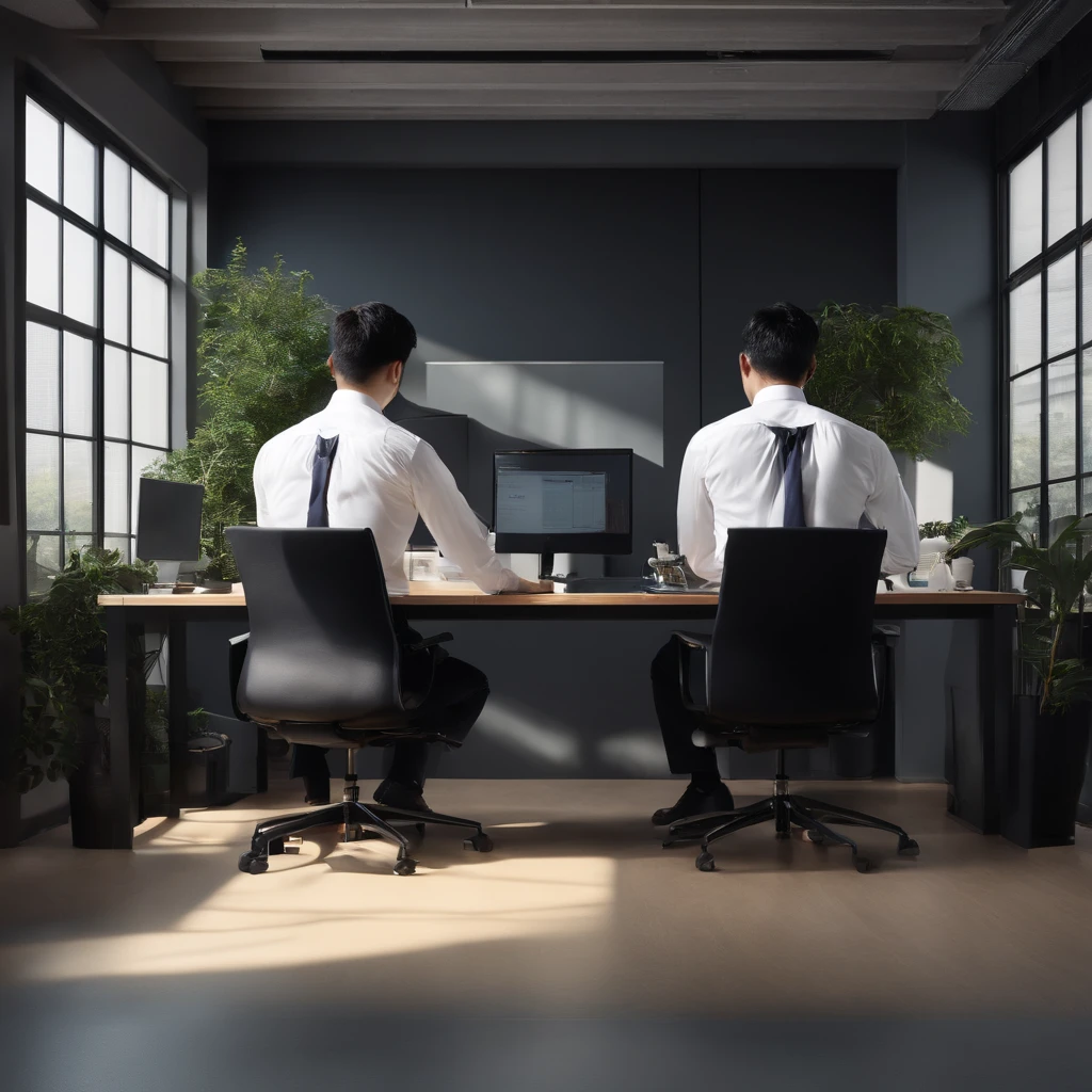 Japan Office　white walls　Two displays　Programming at a desk　1人　White shirt　neck tie　Black slacks　japanes　male people　Right diagonally from behind