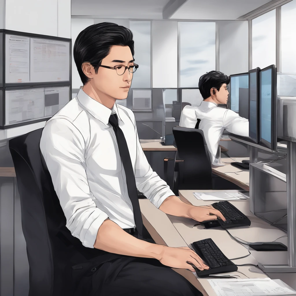 Japan Office white walls Two displays Programming at a desk 1人 White shirt neck tie Black slacks japanes male people Right diagonally from behind