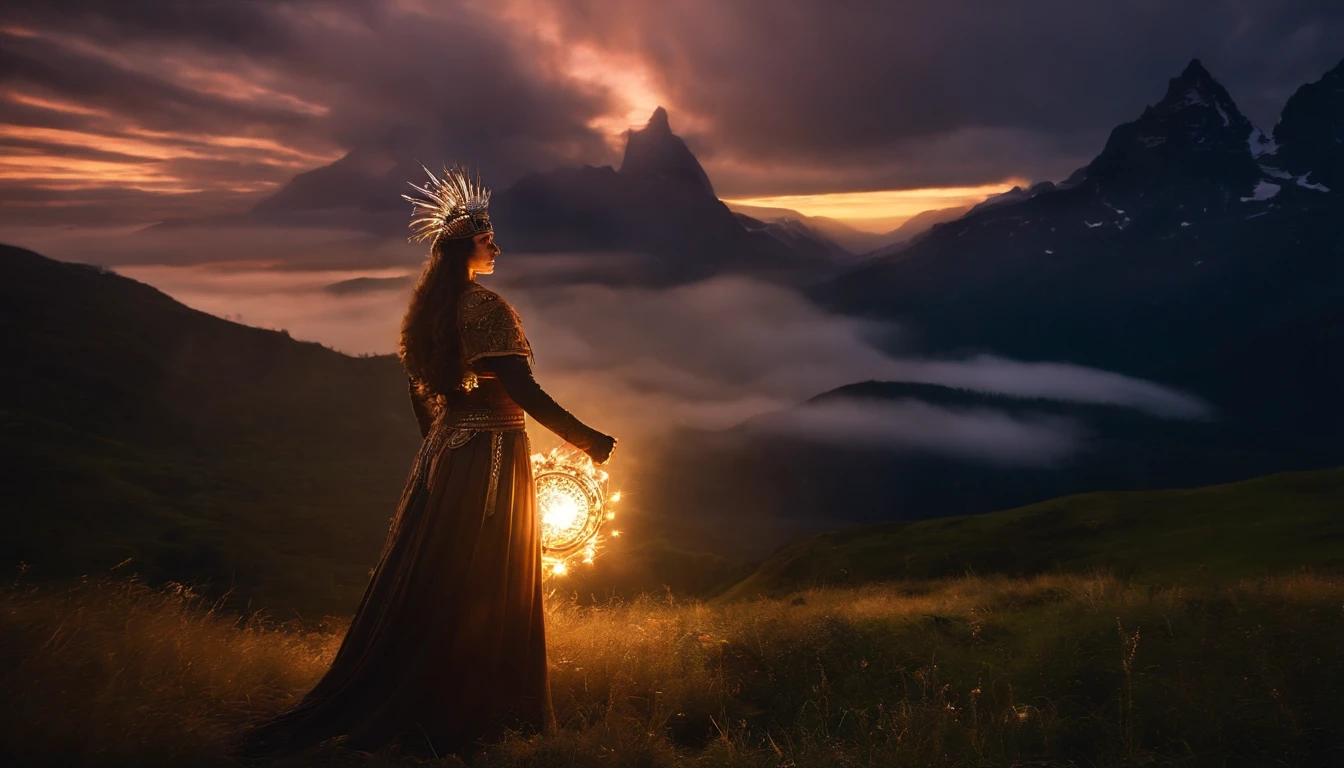 Magestic, Mysterious magical powers, magical scene, Um cajado que brilha com luz, vestes roxas, Single headdress, Awesome spell effects。