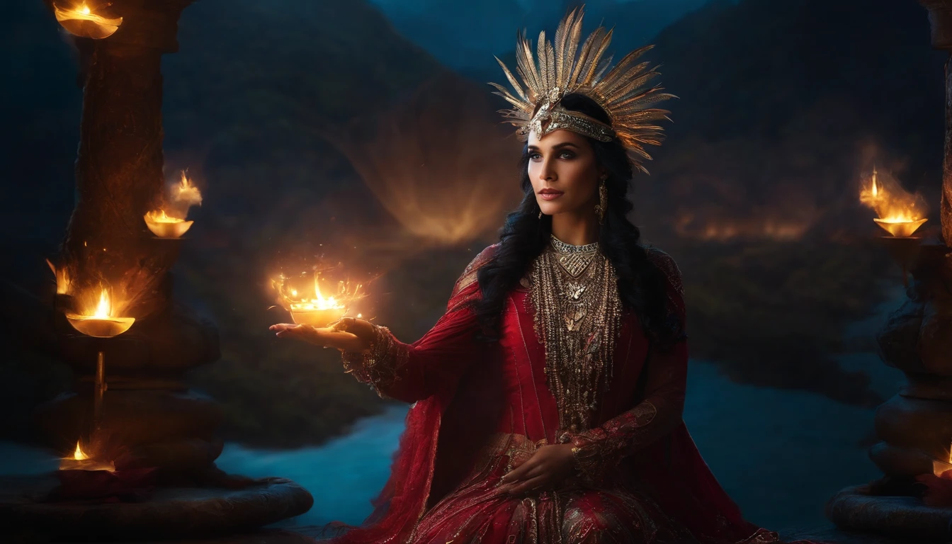 Magestic, Mysterious magical powers, magical scene, Um cajado que brilha com luz, vestes roxas, Single headdress, Awesome spell effects。