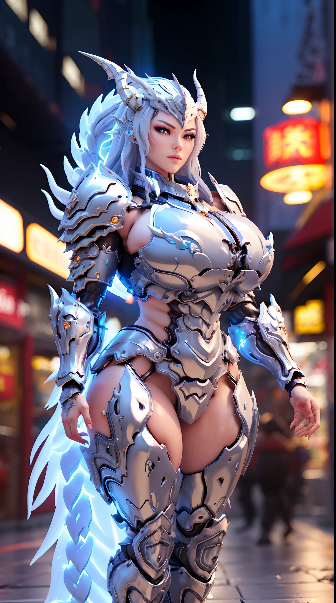 SILVER DRAGON QUEEN, HUGE BOOBS, DRAGON HEAVY ARMOR, TRANSPARANT, STANDING, THICK BODY, MUSCLE ABS.