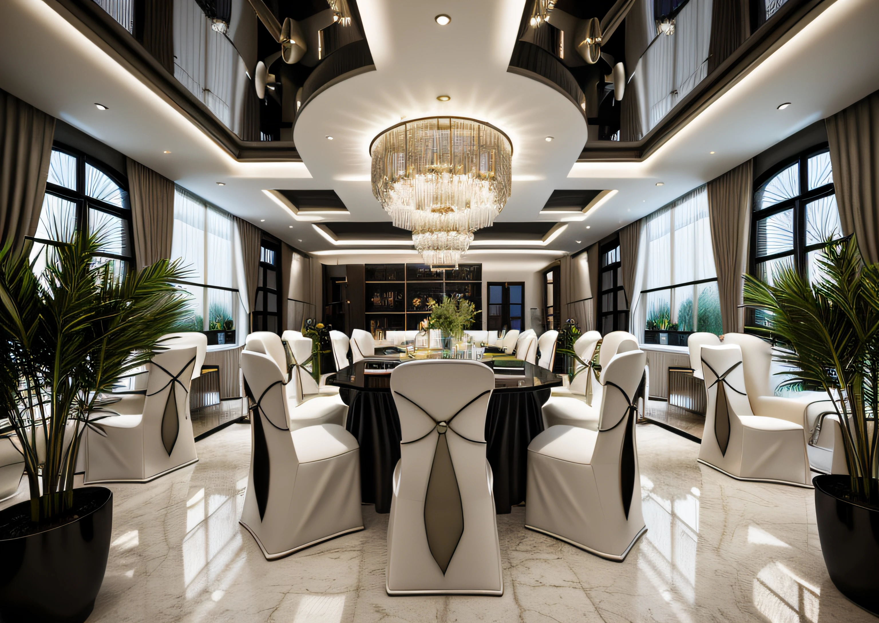 luxury restaurant ,Large modern dining table, (Bedside decoration wall)(Arched glass windows),white wall,arm chair,recessed LED lights,tab, light on tab, white flat plaster ceiling, (Sharp straight ceiling lines),(((glass windows))),curtain,light from the window, spot light,glossy large mable floor, mirror,warm atmosphere,indoor, nighlight, shimering light, cinematic lighting,ender in vray, vray render, luxury hd render,Extremely high image rendering, dark light, rugsuper photo quality,8k photo quality,((sharp interior)),(Sharp rendering images),(Award winning design), ((Modern chandelier)),(((modern wall lamp))),modern rug ,bright tones,luxury space,((surreal image quality)) (accent lighting) ,recessed ceiling lights,indoor, nighlight, shimering light, cinematic lighting,Hyper-realistic photo rendering