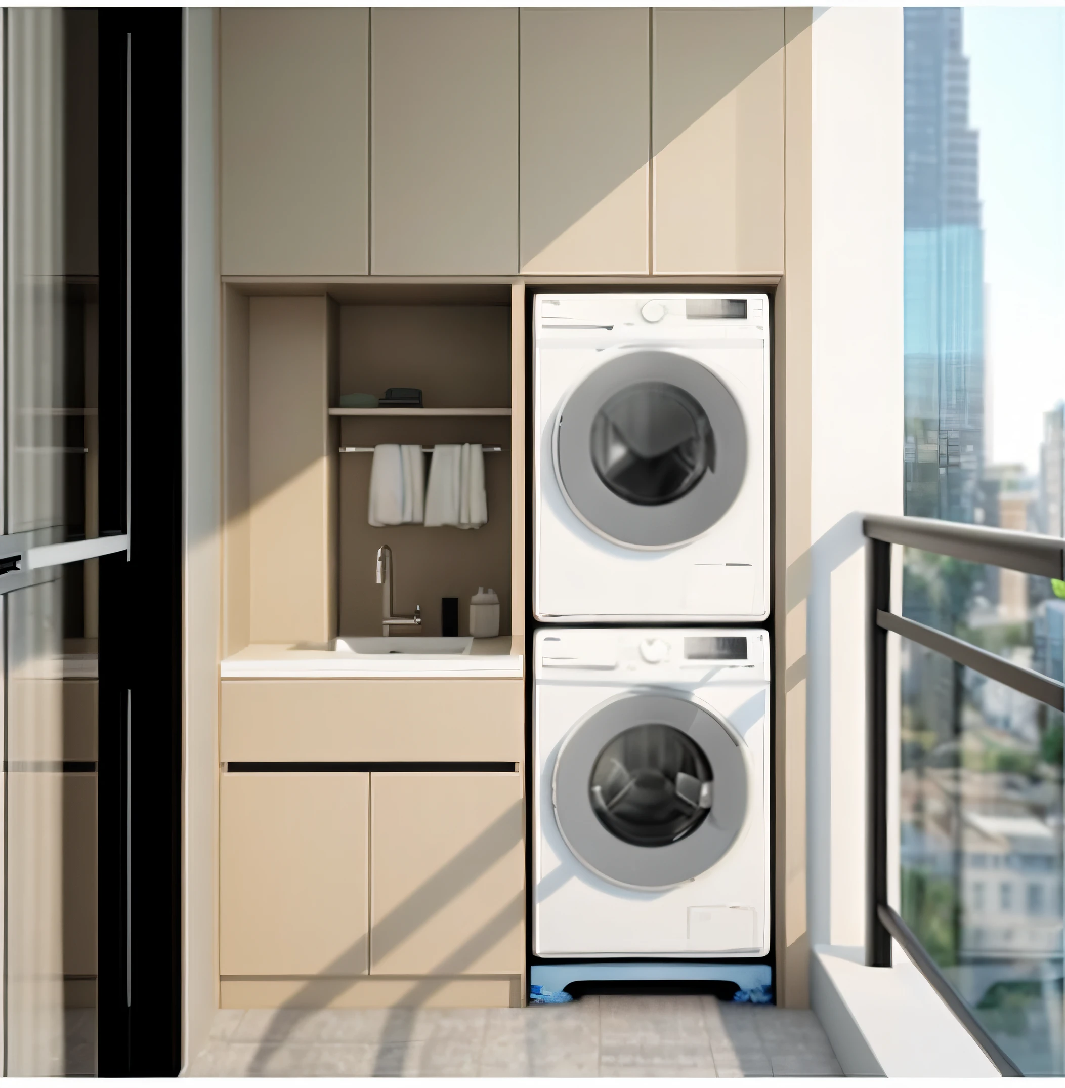 Small room with washing machine and dryer, washing machine, Album art, hyper - realistic, Hyper-realistic, product introduction photos, designed for cozy aesthetics!, vertical orientation w 832, hyper - realistic render, hyper realistic rendering, Product rendering, high quality rendering, true realistic image, ( Ultra photo realsisim ), summer morning, product introduction photos