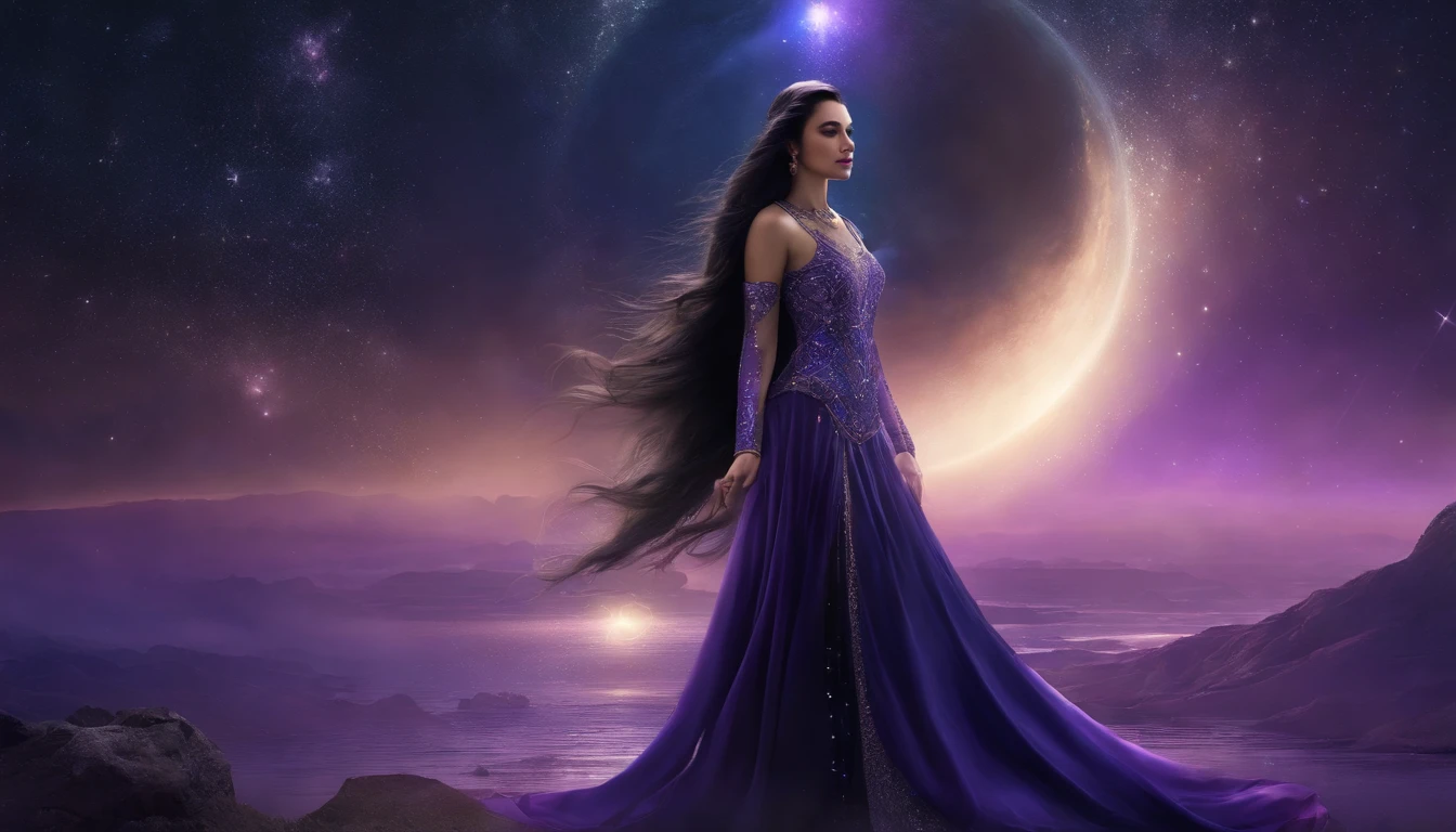 (masterpiece, top quality, best quality, official art, beautiful and aesthetic:1.2), girl, detailed face, long black hair, full body, violet blouse and pants, celestial, cosmic, extremely beautiful, high detailed, (galactic in background), luminous effects, highest detailed, floating particles, ancient runes, geometric patterns, V0id3nergy , mana, shadows, epic atmosphere