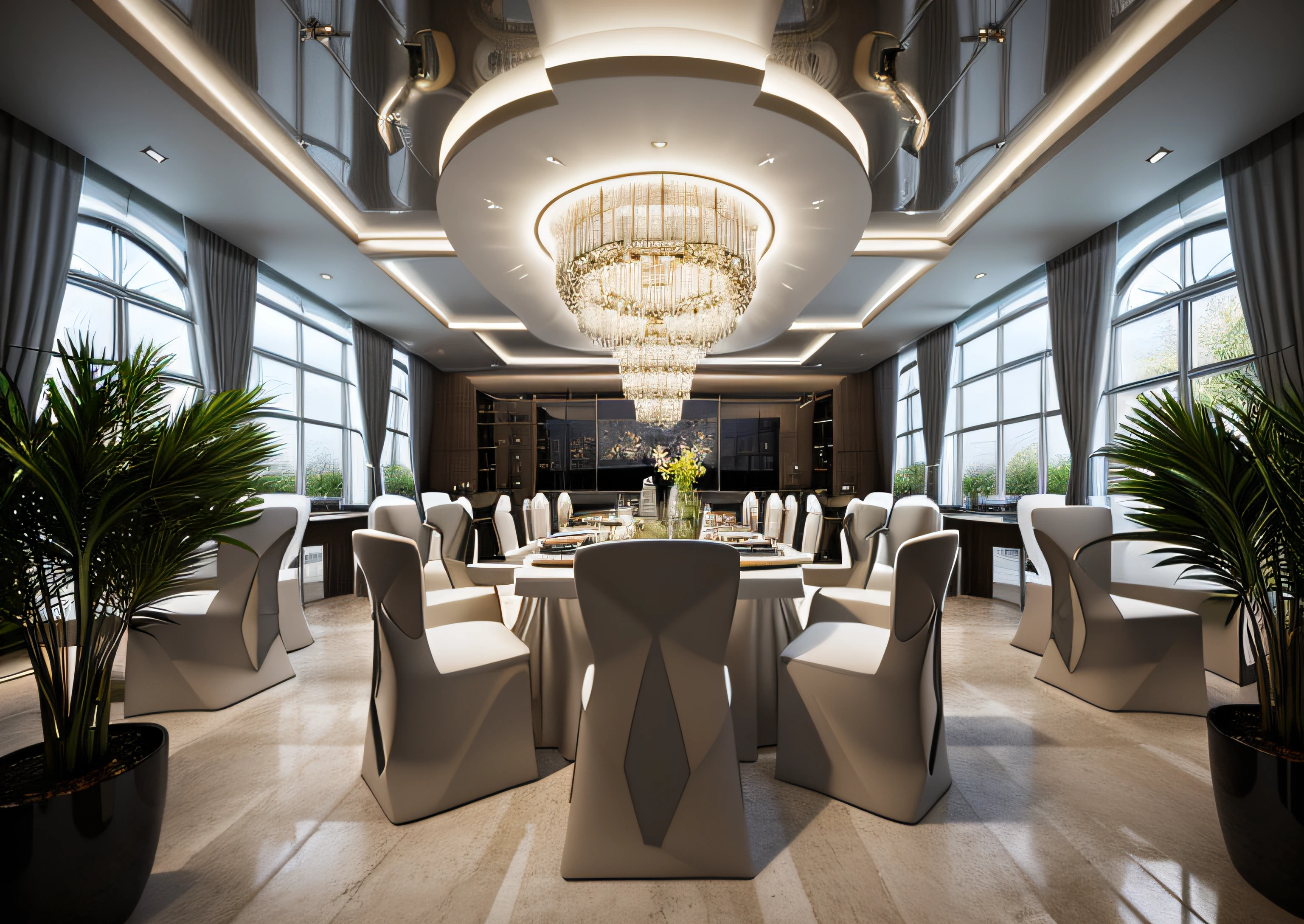 luxury restaurant ,Large modern dining table, (Bedside decoration wall)(Arched glass windows),white wall,arm chair,recessed LED lights,tab, light on tab, white flat plaster ceiling, (Sharp straight ceiling lines),(((glass windows))),curtain,light from the window, spot light,glossy large mable floor, mirror,warm atmosphere,indoor, nighlight, shimering light, cinematic lighting,ender in vray, vray render, luxury hd render,Extremely high image rendering, dark light, rugsuper photo quality,8k photo quality,((sharp interior)),(Sharp rendering images),(Award winning design), ((Modern chandelier)),(((modern wall lamp))),modern rug ,bright tones,luxury space,((surreal image quality)) (accent lighting) ,recessed ceiling lights,indoor, nighlight, shimering light, cinematic lighting,Hyper-realistic photo rendering