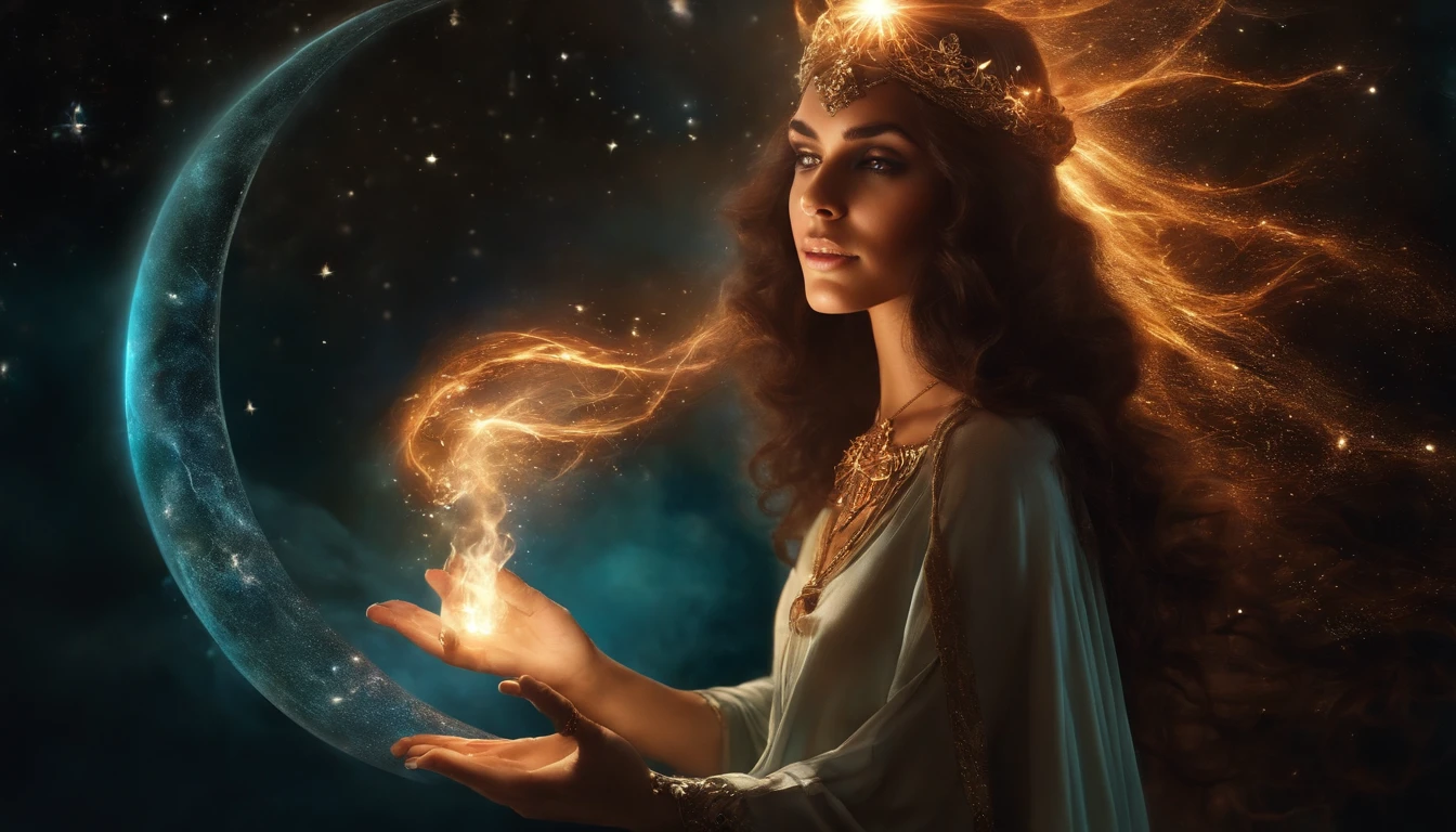 um close up de uma mulher segurando uma esfera brilhante em um quarto escuro, Mago Celestial Lindo, astral ethereal, spell casting wizard, estilo de arte de fantasia, A female sorceress holding the universe, sorcerer magic witch, astral appearance, holy fire spell art, mago da fantasia, galactic deity, an arcane wizard casting a spell