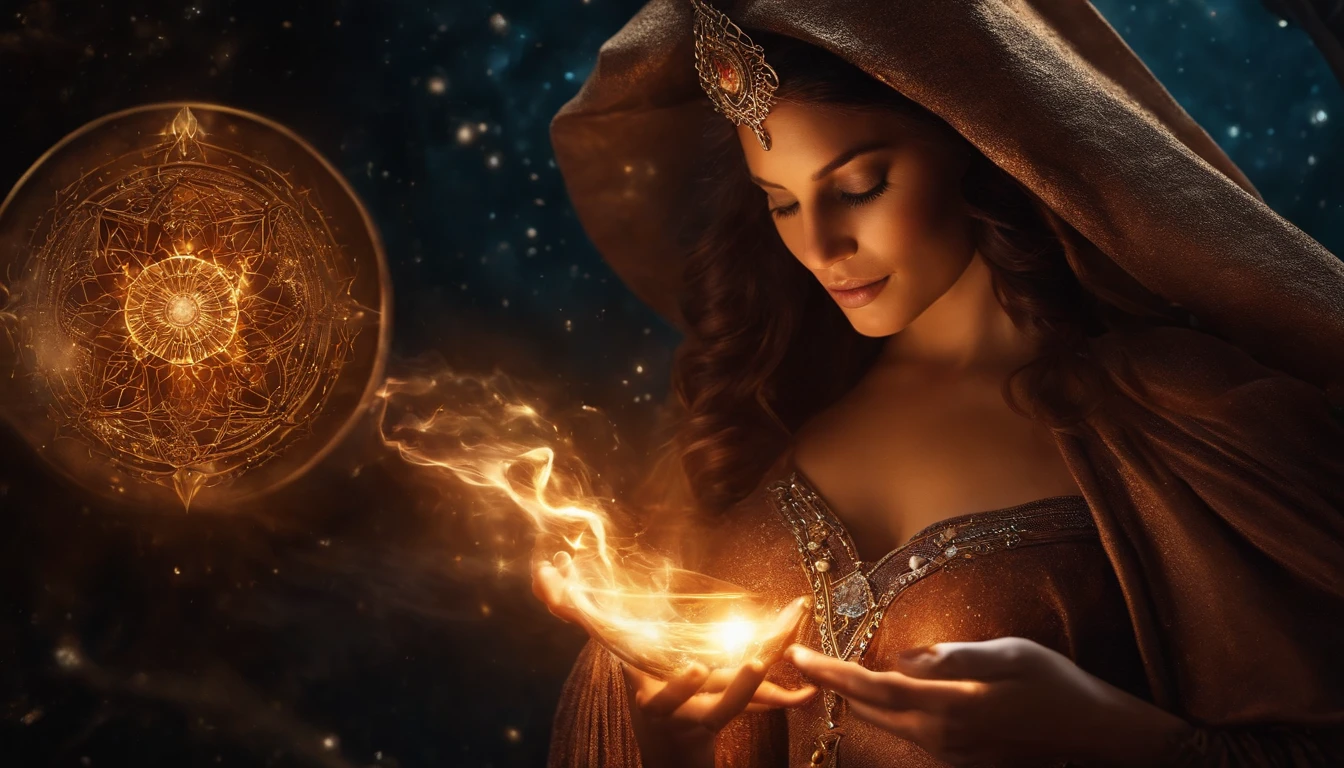 um close up de uma mulher segurando uma esfera brilhante em um quarto escuro, Mago Celestial Lindo, astral ethereal, spell casting wizard, estilo de arte de fantasia, A female sorceress holding the universe, sorcerer magic witch, astral appearance, holy fire spell art, mago da fantasia, galactic deity, an arcane wizard casting a spell