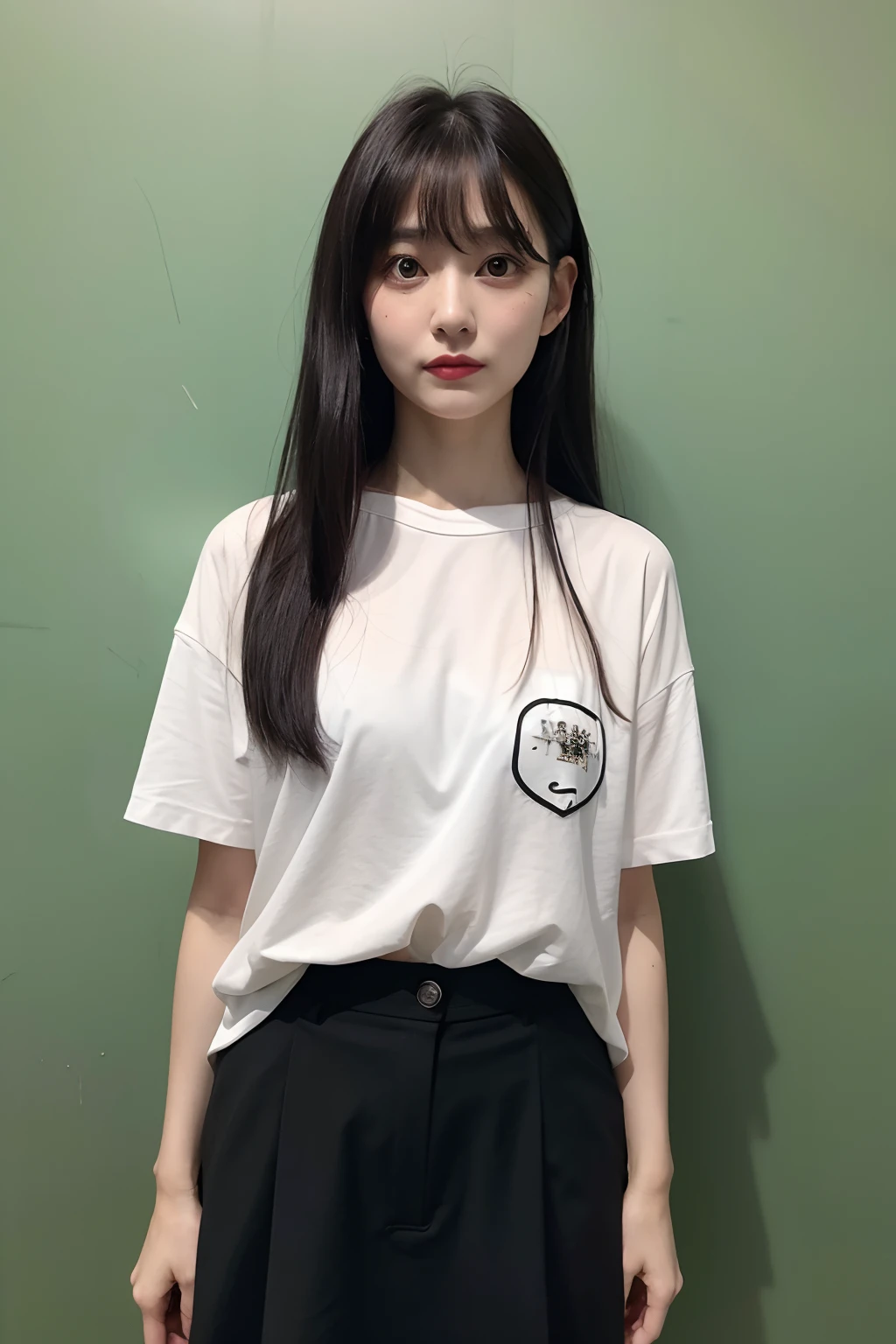 A dark-haired、long、Beautuful Women、Korea、Long Irish、see-through bangs、White tight shirt、long legged、Black mini skirt、Colossal tits、Landless、Background in the city、huge tit、Length to shoulder