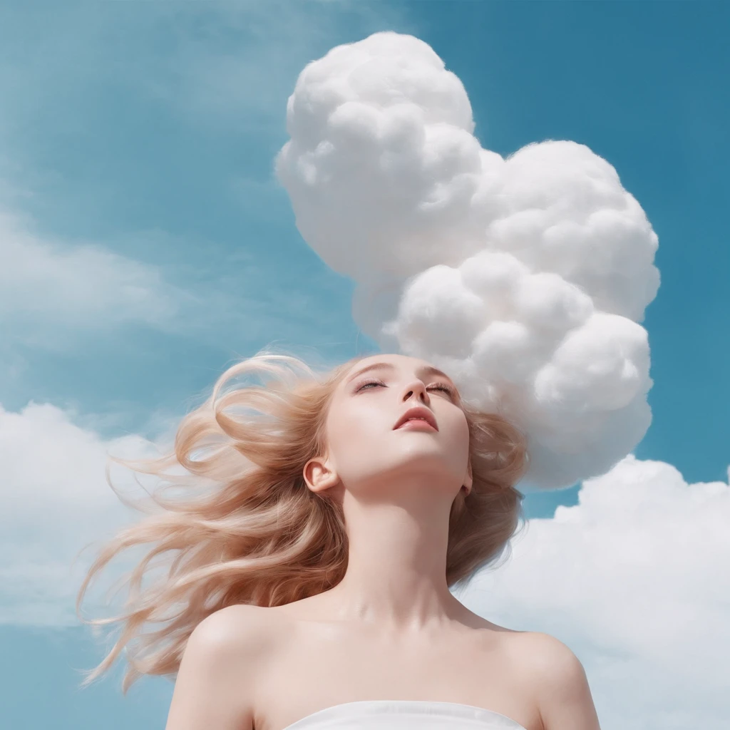 Masterpiece, Best quality, cinematic Film still from, 1girll, Floating in the sky, Cloud Girl, Cloud, (Close-up:1.1), Bright, cheerfulness, fun, Soft lighting, (bauhause, shape, Lines, abstracted:1.1)