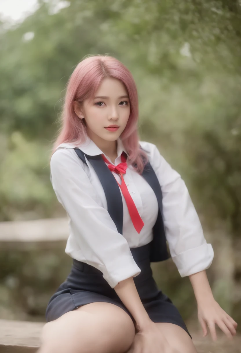 1 girl, hiper-realista, menina da escola, Sakura harumo uniform young version, 20 anos, muito bonito,Uniforme escolar olhos verdes, pink hairs, pernas abertas,na mesa, 8k, tocando pernas, , Adolescente,cowboy shot, beautiful body, peitos pequenos, peitos durinhos, roupa colada no corpo, bunda grande, cintura fina, hiperrealismo, 20 MP camera
