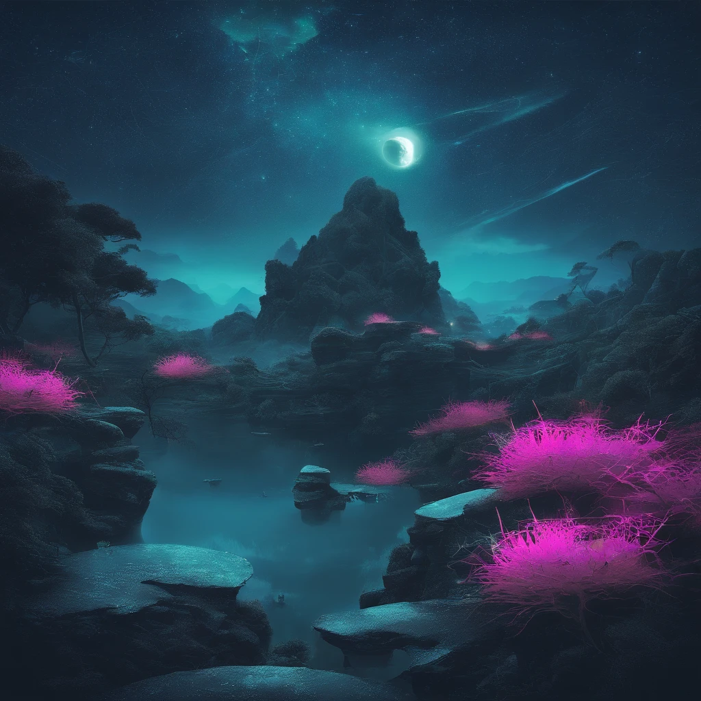 Magnificent view,Mountain top forest edge landscape photography professional high quality nature digital photography,Broad field of view,Bushes in the moonlight,Moonlight 1 White Phalaenopsis orchid on the edge of the cliff,Clear and transparent water,Huge stones stand tall,A majestic,Yamakawa,Simple and beautiful,Minimalist,Deep cyan tones,foggy sky,Nightmare vision, Dark fantasy plot,Perfect and excellent composition,8K分辨率,the detail,Rain trails,dampness,water stain,very wide angle shot,Jack Guzman's environmental art photography,realisticlying