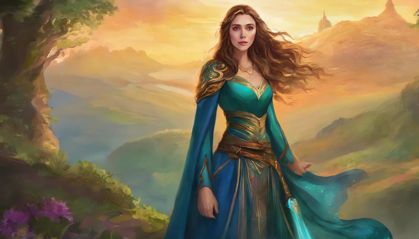Elizabeth olsen como uma feiticeira rpg medieval,poderesa bruxa,com uma capa azul claro,e cabelos negros e ondulados e grandes,um vestido longo e olhos esmeralda