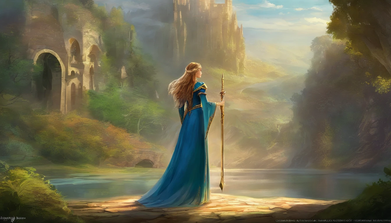 Elizabeth olsen como uma feiticeira rpg medieval,poderesa bruxa,com uma capa azul claro,e cabelos negros e ondulados e grandes,um vestido longo e olhos esmeralda