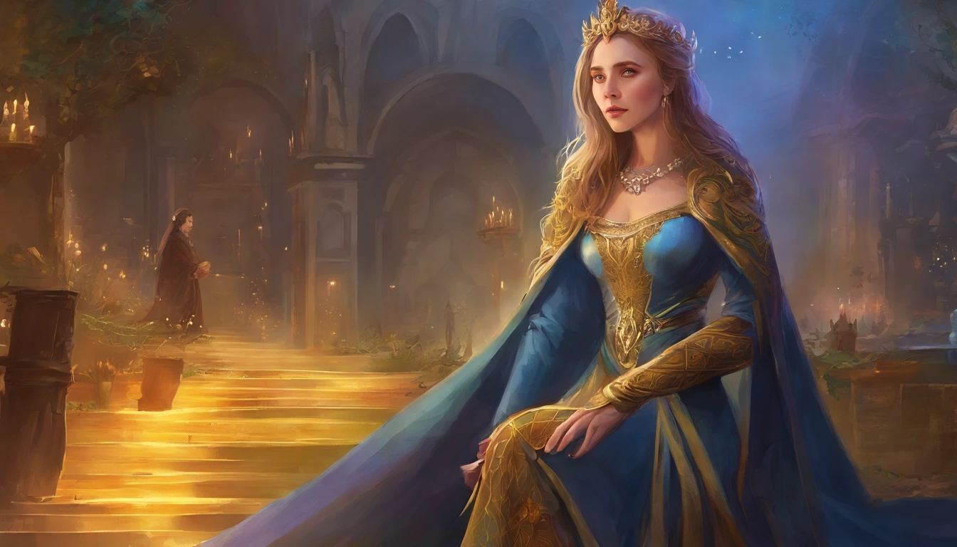 Elizabeth olsen como uma feiticeira rpg medieval,poderesa bruxa,com uma capa azul claro,e cabelos negros e ondulados e grandes,um vestido longo e olhos esmeralda