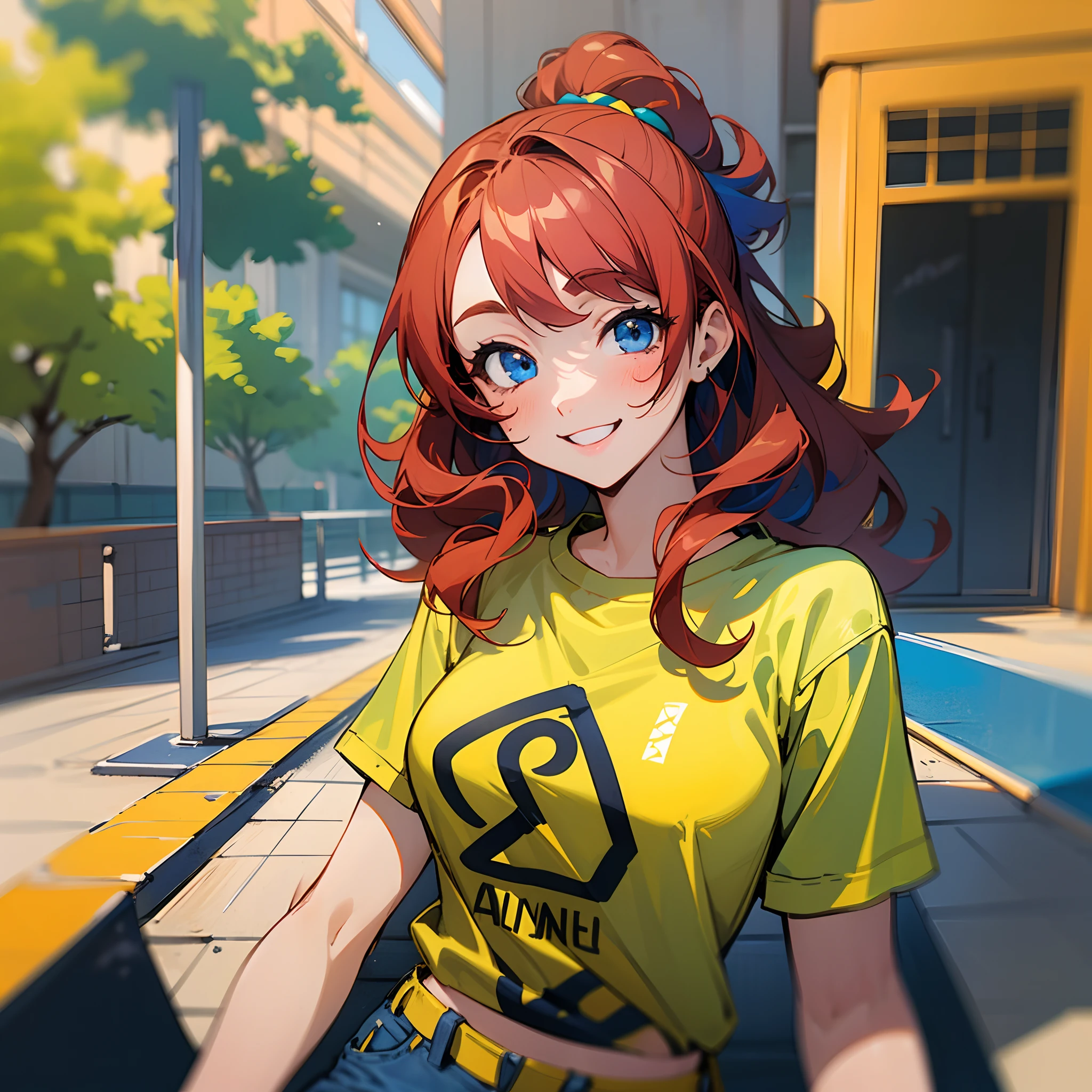 Image of a young 18-year-old anime girl named Rebecca. She has long, short, curly red hair, dark blue eyes and an infectious smile. She is dressed in a yellow t-shirt, black jeans and white sneakers. and is smiling. The image is detailed and colorful, with a modern anime style --auto --s2