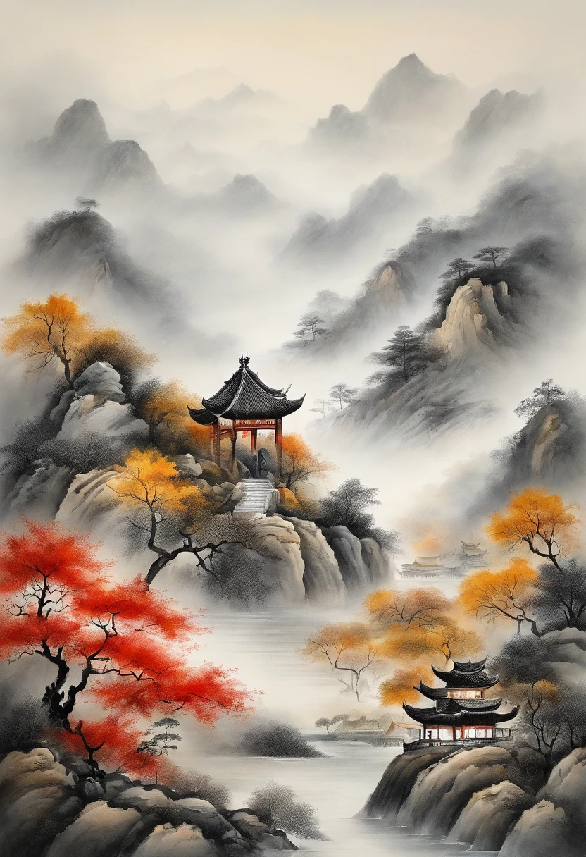 Classical Chinese painting，watercolor paiting，Danqing painting，old painting，Rice paper painting，A mountain，Down the hill is the town，On the mountain is a beautiful moon，Rivers surround the mountains，mid-autumn festival，ink and watercolor painting，Leave white space