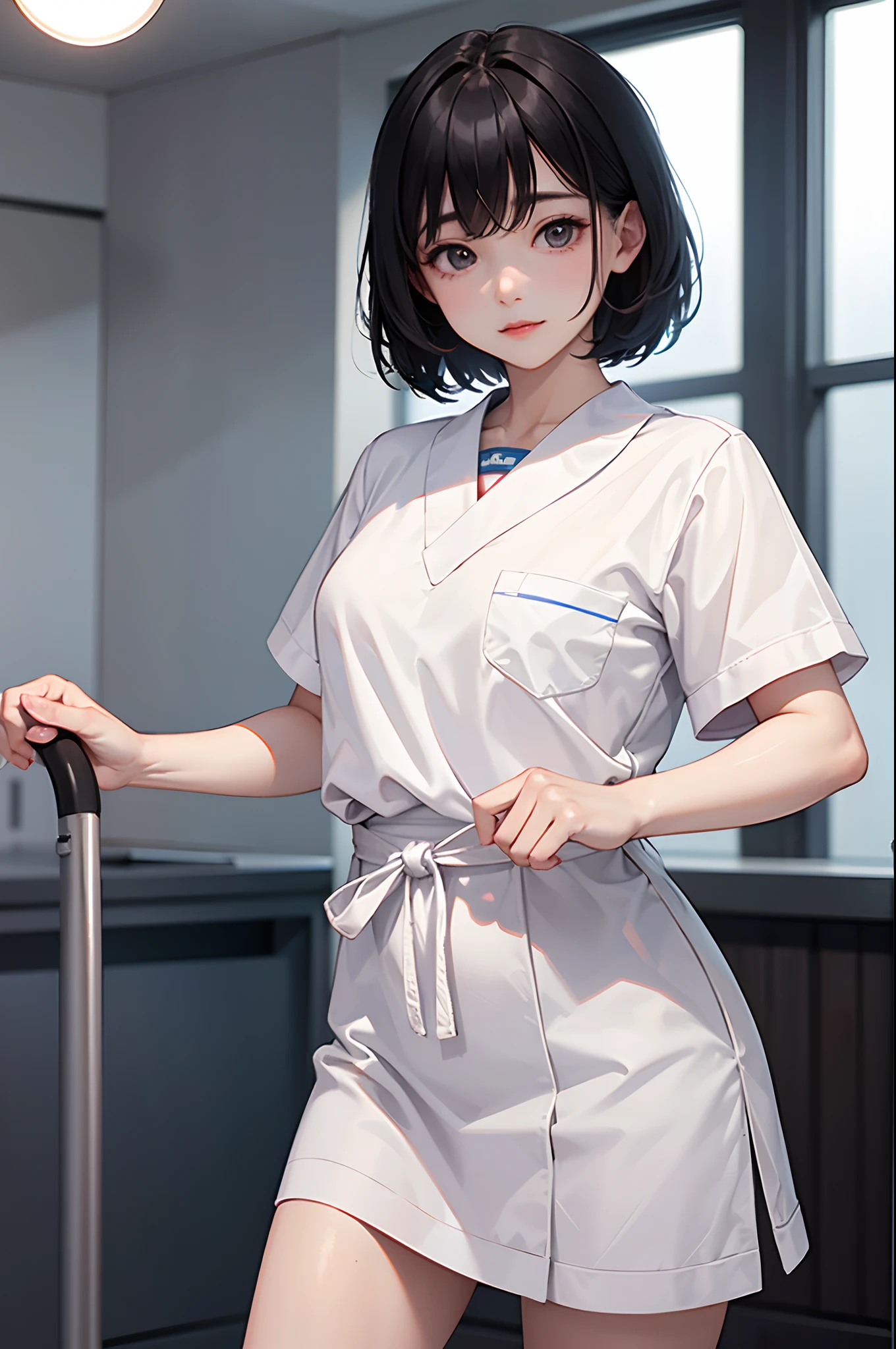 masterpiece, top quality, high resolution, masterpiece, girl in one, wicked smile, evil smile, evil plan, black hair, white nurse uniform, short hair, brown eyes, mini skirt, hospital room, holding metal rod