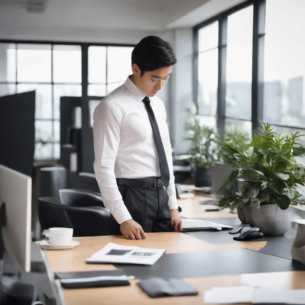 Japan Office white walls Two displays Sitting at a desk White shirt neck tie Black slacks japanes 1 Male frontage