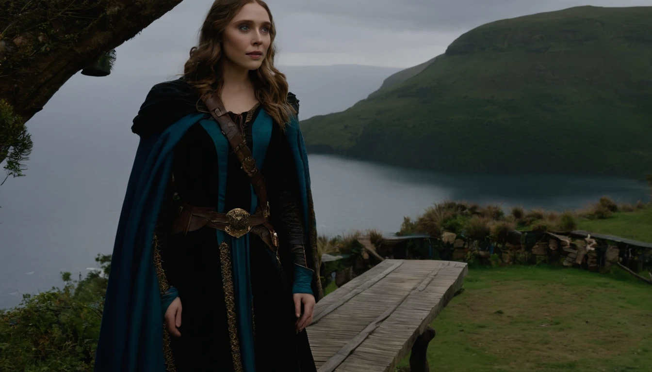 Elizabeth olsen como uma feiticeira rpg medieval,poderesa bruxa,com uma capa azul claro,e cabelos negros e ondulados e grandes,um vestido longo e olhos esmeralda. Dark mundo sombrio. Bruxa do mal.