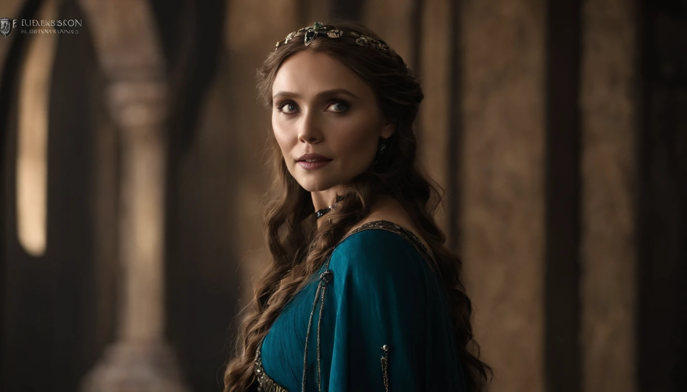 Elizabeth olsen como uma feiticeira rpg medieval,poderesa bruxa,com uma capa azul claro,e cabelos negros e ondulados e grandes,um vestido longo e olhos esmeralda. Dark mundo sombrio. Bruxa do mal.