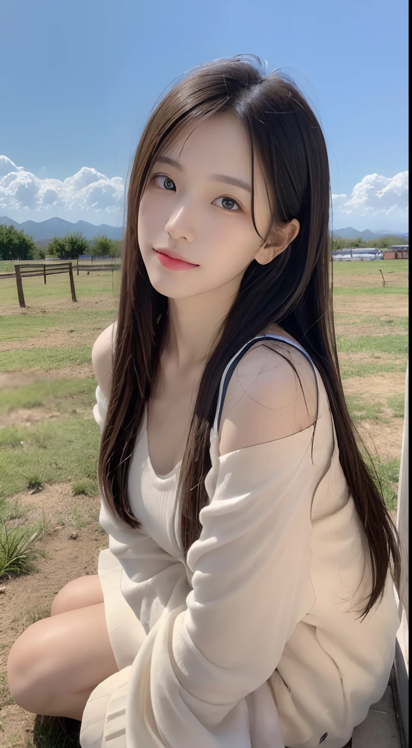 ((Best Quality, 8K, masutepiece:1.3)), beautiful  Girl, pure, Melon face, gentle and cute, Thin figure, (Frontal), (Head Tilted), looks directly at camera, [Detached sleeves::0], [Collared shirt::0], [Capri Pants::0], Black silky long straight hair, long hair flowing over the shoulders, round black big eyes, clear big eyes, Moist red lips, Sweet smile, Sitting, Hands on knees, Blue sky and white clouds, Sunshine, grassy fields, Summit of Mt, Northern view of the Tibetan steppe