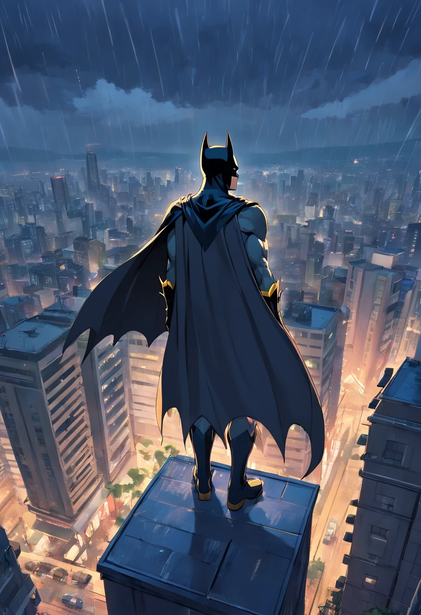 Batman, Caveliro das trevas, on top of a building, gloomy weather and dark, rainy skies