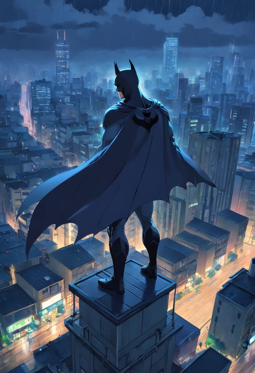 Batman, Caveliro das trevas, on top of a building, gloomy weather and dark, rainy skies