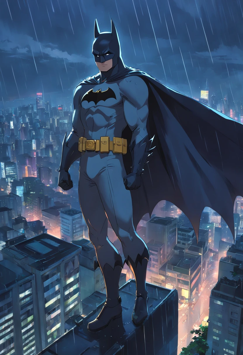 Batman, Caveliro das trevas, on top of a building, gloomy weather and dark, rainy skies