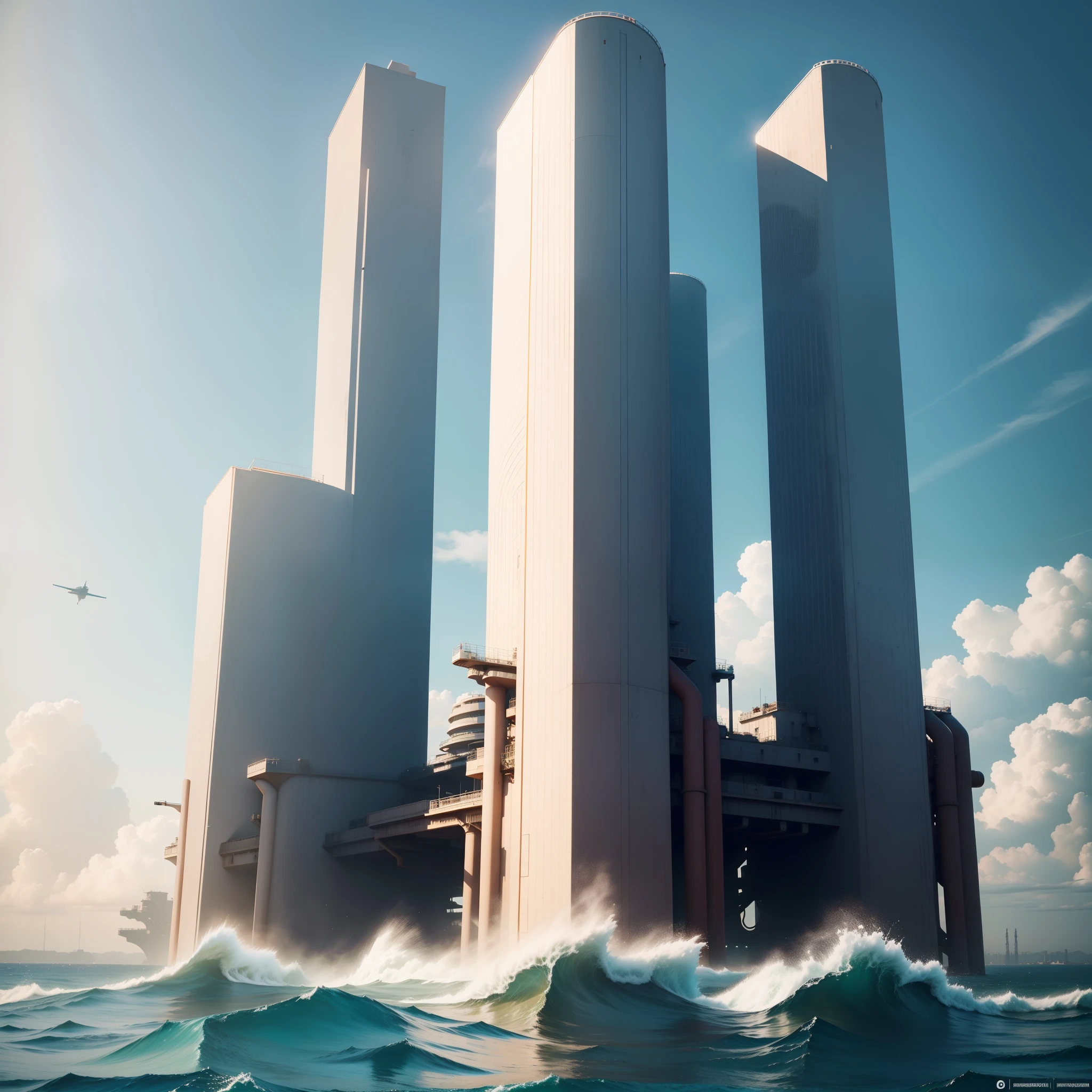 Three nearby industrial tanks futuristic stunning views on the distant horizon, floating majestically over the ocean waters. Suas formas exteriores lembram perfeitamente a suavidade de meias esferas convexas, while the interior is meticulously flat and functional. they seem to have come straight out of the pages of science fiction, erguem-se altivas em alto mar, challenging the skyline with its imposing presence.