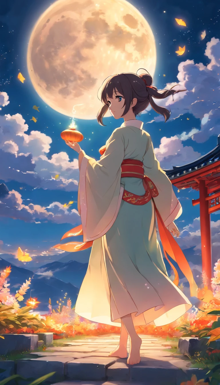 Mid-Autumn Festival, a lovely fairydressed in ancient Chinese clothes, and arabbit playing beside the girl, moon cakesauspicious clouds, behind a huge moon, warmcolors, abstract pictures, surrealism, Pixarstyle, 3D effects, Disney style, clear outlinelight, edge light, fantasy, spot light, 8k --ar 3:4