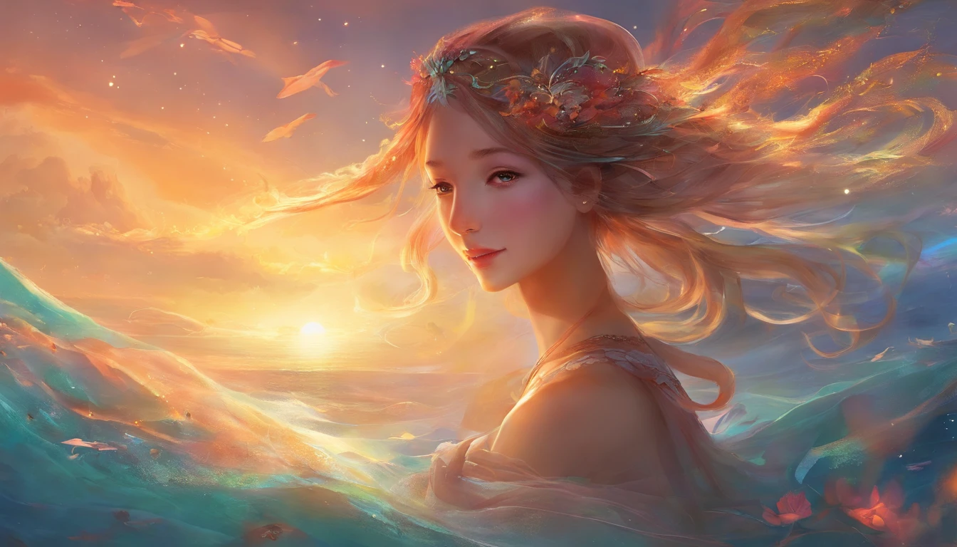 obra prima、qualidade superior、Fotos de filmes、1girl em、 do mar、floating into the sky、um close-up、luminoso、felicidade、warm and gentle lighting、The Morning Sun、(spark:0.7)