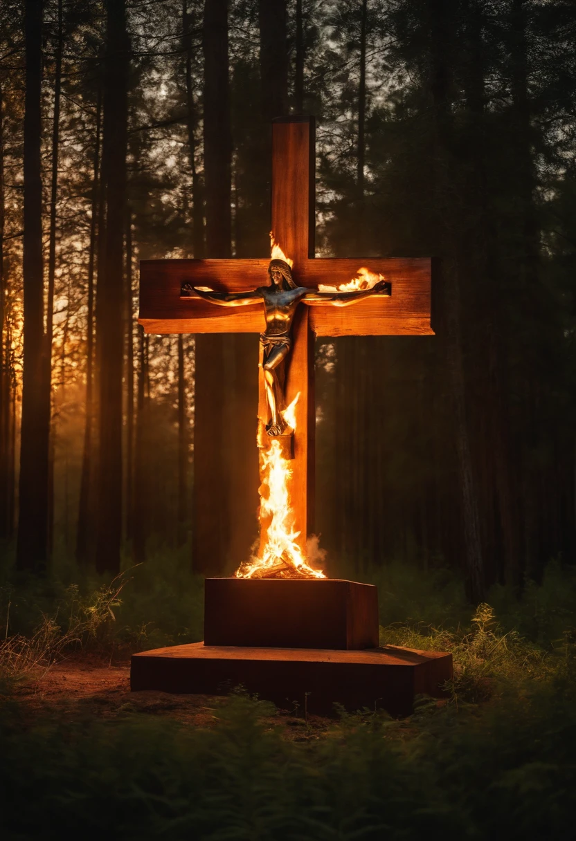 National Geographic photographic portrait of a large wooden cross with fire with vibrant colors, anatomia realista. cinematic  composition. Sunset and fire lighting, uma pequena aldeia em bosques densos no fundo de colinas.