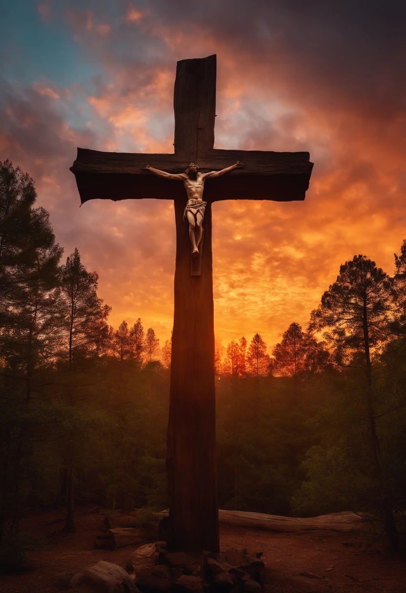 (((masterpiece))), (((Highest quality))), ((Very detailed)), (photograph), (photo:1.2) of a Man alone with arms outstretched and both hands nailed to a Christian cross, the man is crucified on the cross. He is in the middle of a gloomy and terrifying forest at night. Photorealistic style. Intricate details, shimmering, sparkling, iridescent, mesmerizing, dreamlike, ethereal, cinematic lighting, dramatic shadows, vibrant colors, soft focus, hyper realistic, masterpiece. 
[Entire scene is surrounded by mist, evoking a mysterious and eerie atmosphere. The lighting is dark and atmospheric, with smoke and fog adding a touch of sinister ambiance. Best quality image, HDR enhancement, showcasing the utmost level of detail and realism]. [8K, Best Quality, Ultra High Resolution, (highly detailed CG unity 8k wallpaper), (best photo), (best shadows), isometric 3D, octane rendering, ray tracing, highly detailed, (Best quality, 4K, 8k:1.2), absurdity, ultra detailed, (realistic, photorealistic, photorealistic:1.37), complex parts, HDR, (complex parts:1.12), (hyper detailed, hyper realistic, Soft lighting, spicy:1.2), (complex parts, Hyper detailed:1.15). Blurred foreground. (backlit), masterpiece, high quality, brightness, chromatic aberration, foggy smoke, shadows, contrast, (warm hue, warm tone), high details, natural reflections]. many details. Cinematic lights. photo.