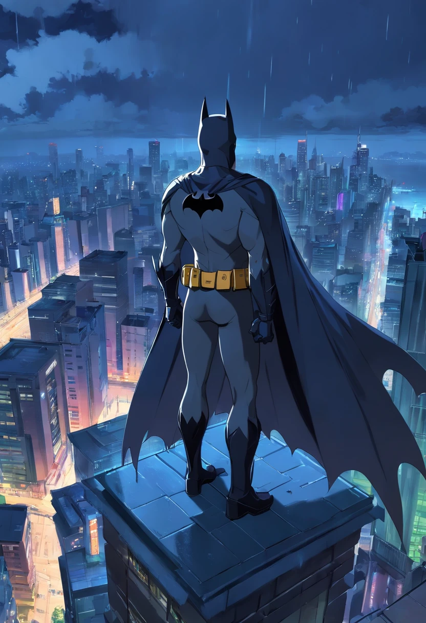 Batman, Cavaleiro das trevas, armadura preta, on top of a building, Tempo sombrio e escuro, rainy sky