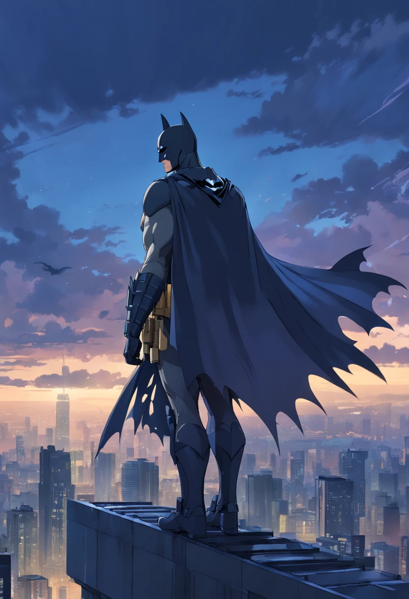 Batman, Cavaleiro das trevas, armadura preta, on top of a building, Tempo sombrio e escuro, rainy sky