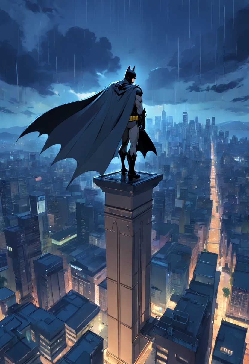 Batman, Cavaleiro das trevas, armadura preta, on top of a building, Tempo sombrio e escuro, rainy sky