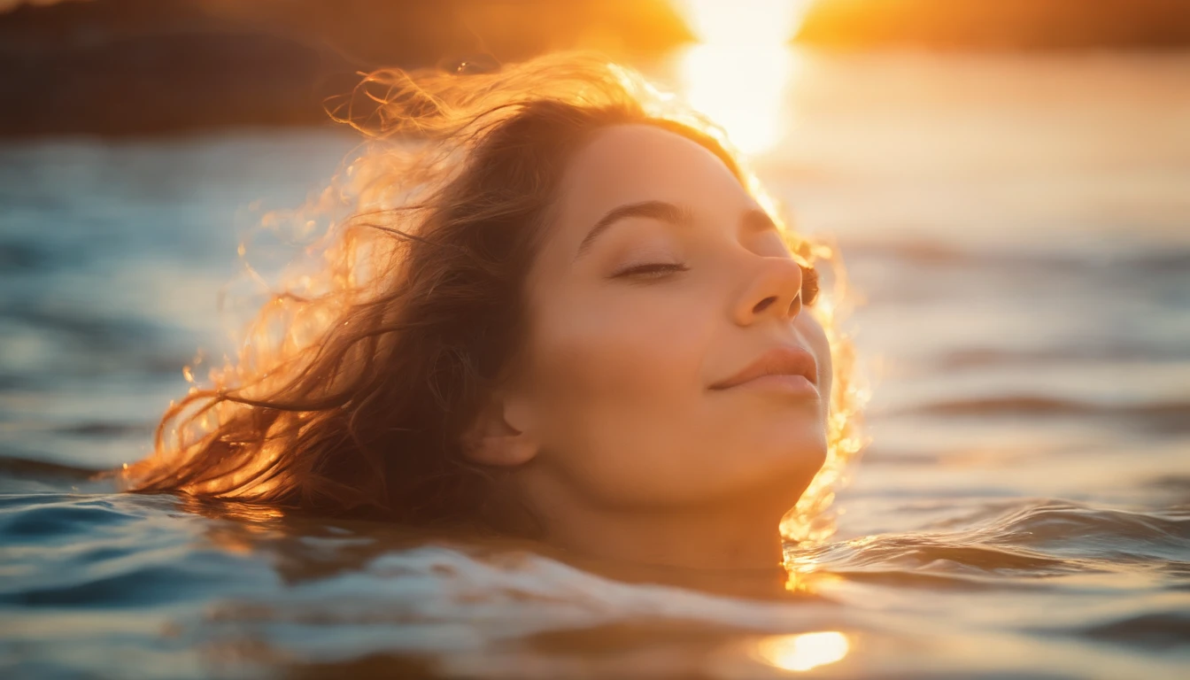 obra prima、qualidade superior、Fotos de filmes、1girl em、Menina do mar、floating into the sky、um close-up、luminoso、felicidade、warm and gentle lighting、The Morning Sun、(spark:0.7)