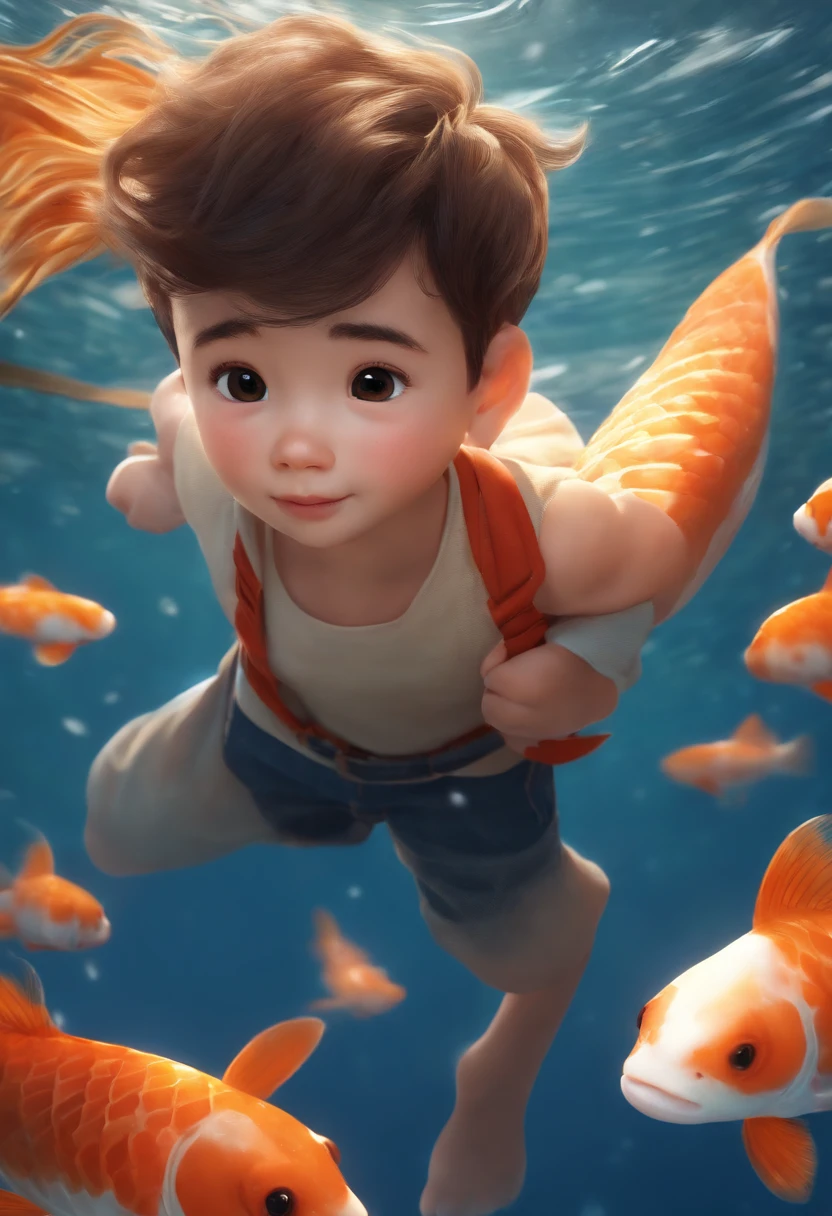 movie picture quality,Disney animation style,A little boy swims in the sea with a koi in his arms,short detailed hair,Denim suspenders,The barefoot,depth of fields,high light,Real light,Ray traching,oc rendered,Hyper-realistic,best qualtiy,8K,Works of masters,super-fine,Detailed pubic hair,Correct anatomy,sharp focus on eyes,Bokeh,Facial features are carefully depicted